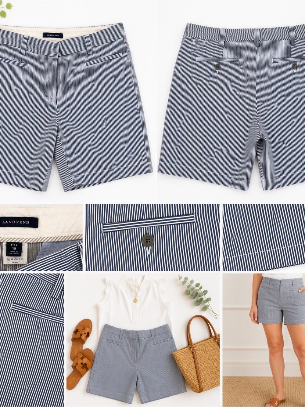 Lands' End Women's Navy and White Pinstripe Bermuda Shorts